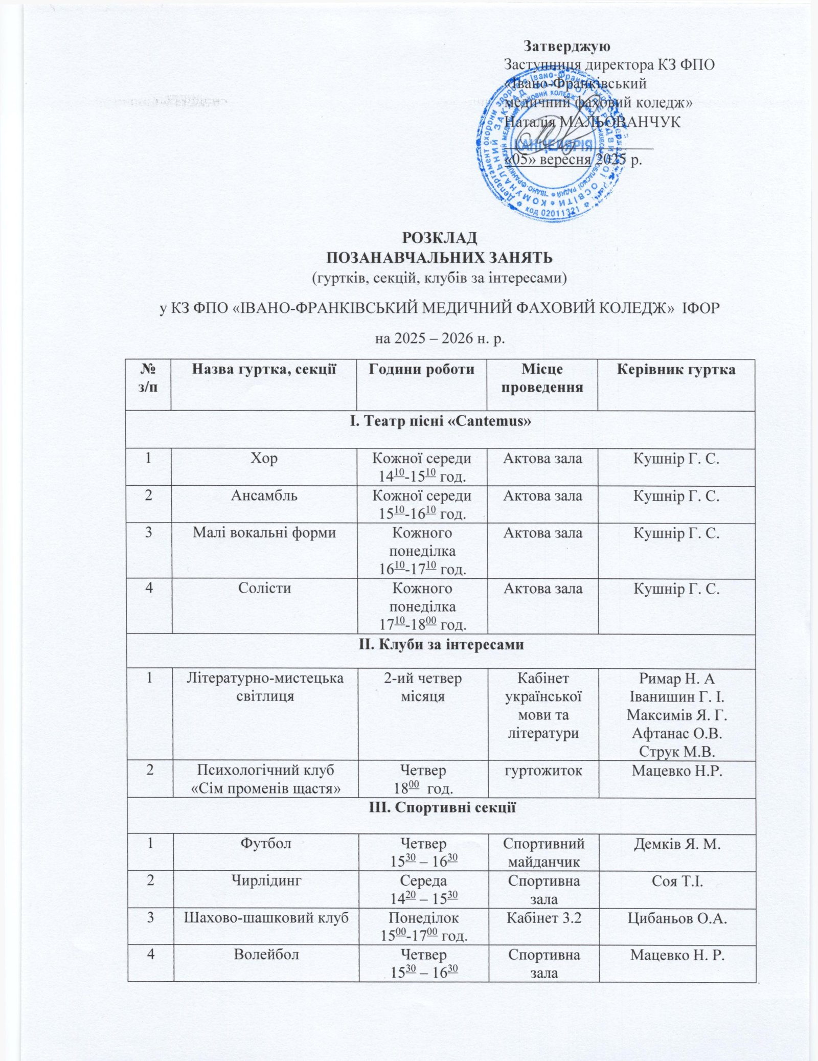 Розклад позааудиторних занять